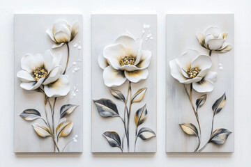 Oil paintings artwork, floral spring summer triptych, blooming poppy flowers
