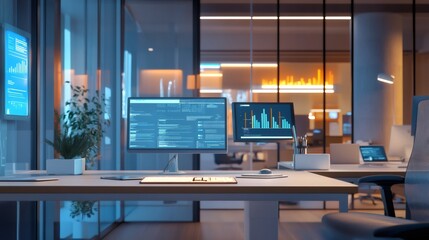 A modern office desk at night with two computer screens displaying charts and data.