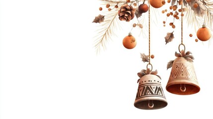 Obraz premium Elegant holiday bells adorned with pine and berries, perfect for festive season decorations and seasonal greeting cards.