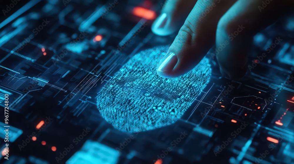 Poster cybersecurity networks are strengthened by biometric security on digital tablets, providing enhanced