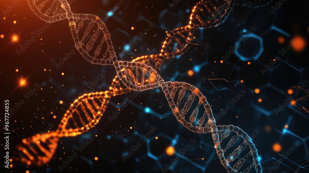 Aufkleber futuristic background with hexagon patterns and dna strands, emphasizing genetic research and molecu