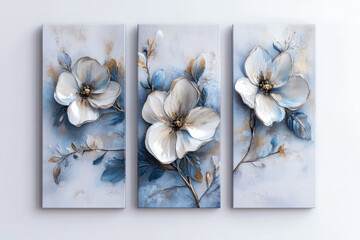 Oil paintings artwork, floral spring summer triptych, blooming flowers