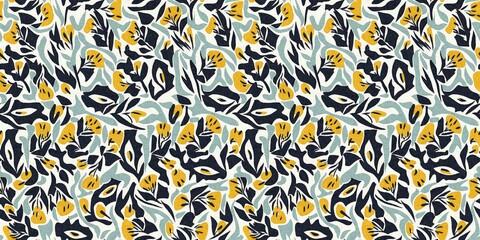 Modern printed fabric flower block print pattern with linen texture effect. Stylized boho dark floral for chic fashion background motif border design.
