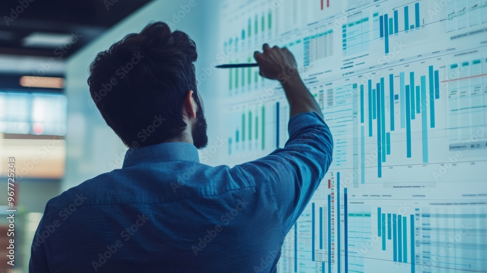 Poster businessman presenting data on a whiteboard with graphs and charts.