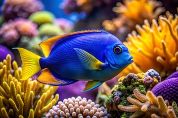 A bright blue fish with yellow fins and a forgetful expression swims in a vibrant coral reef, surrounded