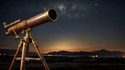  antique telescope mounted on a wooden tripod under the night sky

