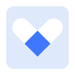 A blue and white capsule forms a heart shape against a light blue square background. Ideal for healthcare, pharmacy, medication, wellness, and pharmaceutical vectors. Simple, clean style.