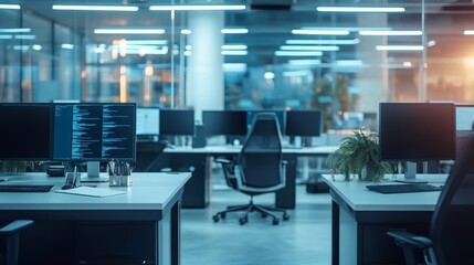 Empty modern office workspace with computer monitors and a desk lamp.