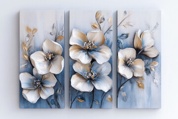 Oil paintings artwork, floral spring summer triptych, blooming flowers