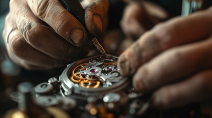 A close-up of hands meticulously repairing a watch mechanism.
