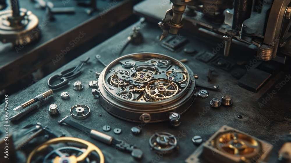 Poster a detailed view of intricate clockwork mechanisms on a workshop table.
