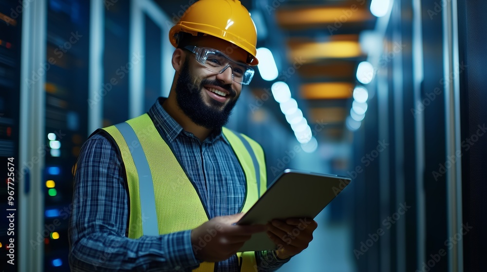 Poster a technician smiling while checking data on a tablet in a modern server room during working hours