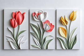 Oil paintings artwork, floral spring summer triptych, blooming tulip flowers