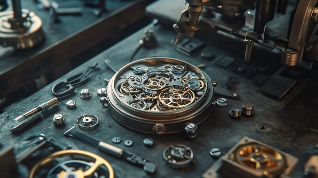 A detailed view of intricate clockwork mechanisms on a workshop table.