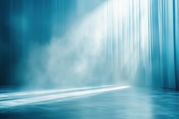 Stage with cascading light effects, soft blue and white hues, serene and calm mood, minimalist 