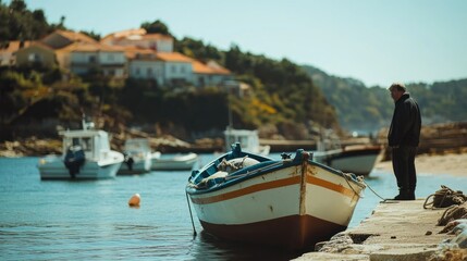 Obraz premium A man stands by a boat at a serene coastal setting with houses in the background.