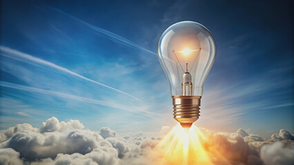 Idea light bulb flying to the sky like a rocket Flat lay, innovation, creativity, announcement
