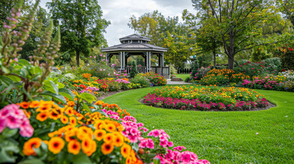 Obraz premium A beautiful garden with a gazebo and a variety of flowers