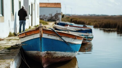 Obraz premium A serene riverside scene with colorful boats and a person enjoying the view.