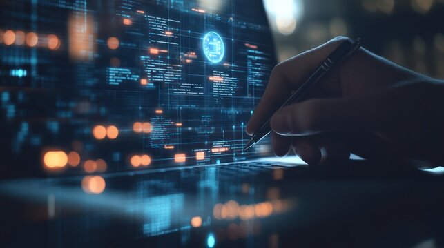 Digital Interface and Coding: Close-Up of a Hand Working on a Laptop with a Futuristic Interface