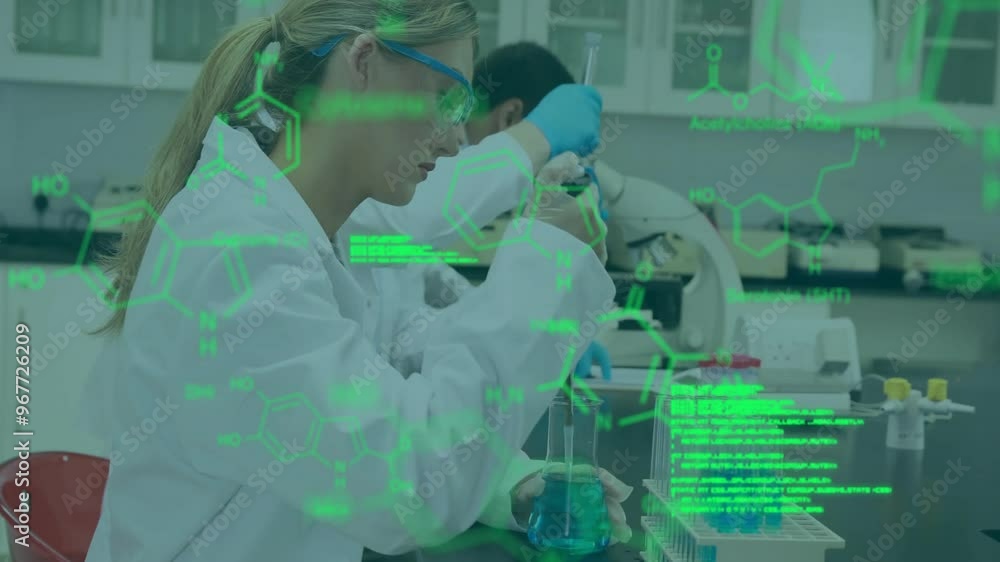 Poster animation of data processing over caucasian scientists working in lab