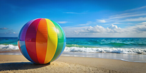Obraz premium Colorful beach ball with vibrant rainbow stripes, beach, ball, colorful, vibrant, rainbow, stripes, fun, summer, inflatable