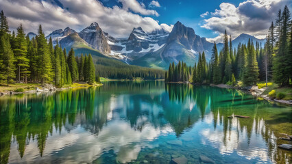 Fototapeta premium Serene lake nestled in the mountains, surrounded by snowy peaks and pine trees, lake, mountains, snow, pine trees