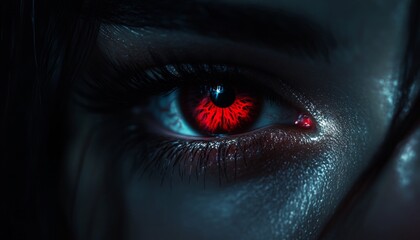 Woman's Eyes Are Red and Black with a Piercing Gaze in the Darkness