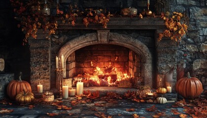 Fototapeta premium Crackling Fireplace Adorned with Pumpkins and Autumn Decorations