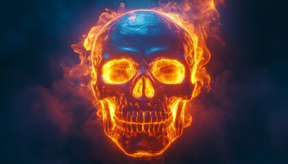 Neon Glowing Skull with Fiery Flames on a Dark Background