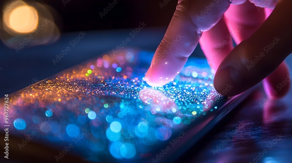 Poster hand touching remote control with bacteria spreading effect in macro shot
