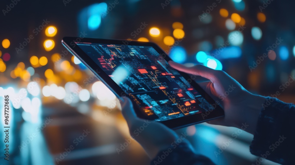 Poster data scientists use digital tablets for big data operations, integrating ai and digital technology t