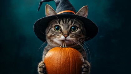 Cute Halloween Cat Wearing a Witch Hat with Pumpkin