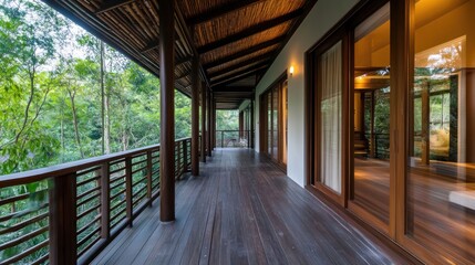 Wooden balcony with a view of lush green trees.