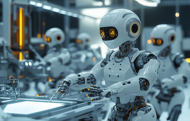 Fototapeta premium Industrial robot assembly line manufacturing parts, robotics instructor leading training course, precision engineering site.