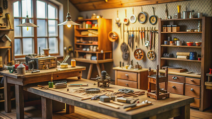 Naklejka premium Detailed miniature workshop with tiny tools and gears for crafts, miniature, workshop, tiny, tools, gears, crafts, hobby