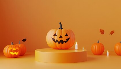 Minimalist 3D Orange Podium with Small Pumpkins on Soft Background