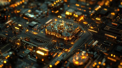 Obraz premium Close up of a glowing circuit board with a central processor.