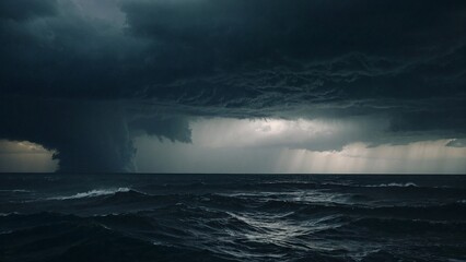Obraz premium Typhoon at the sea, stormy weather, gloomy atmosphere. Storm in the ocean
