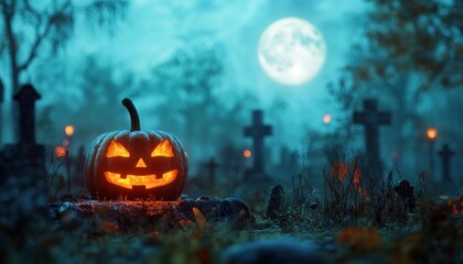 Fototapeta premium Halloween Jack-O-Lantern in Dark Forest with Glowing Eyes and Eerie Atmosphere