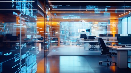 Fototapeta premium Modern office with glass walls and blue digital patterns.