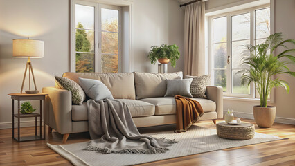 Cozy living room interior with a comfortable sofa, soft throw blankets, and a warm rug , cozy, living room, interior