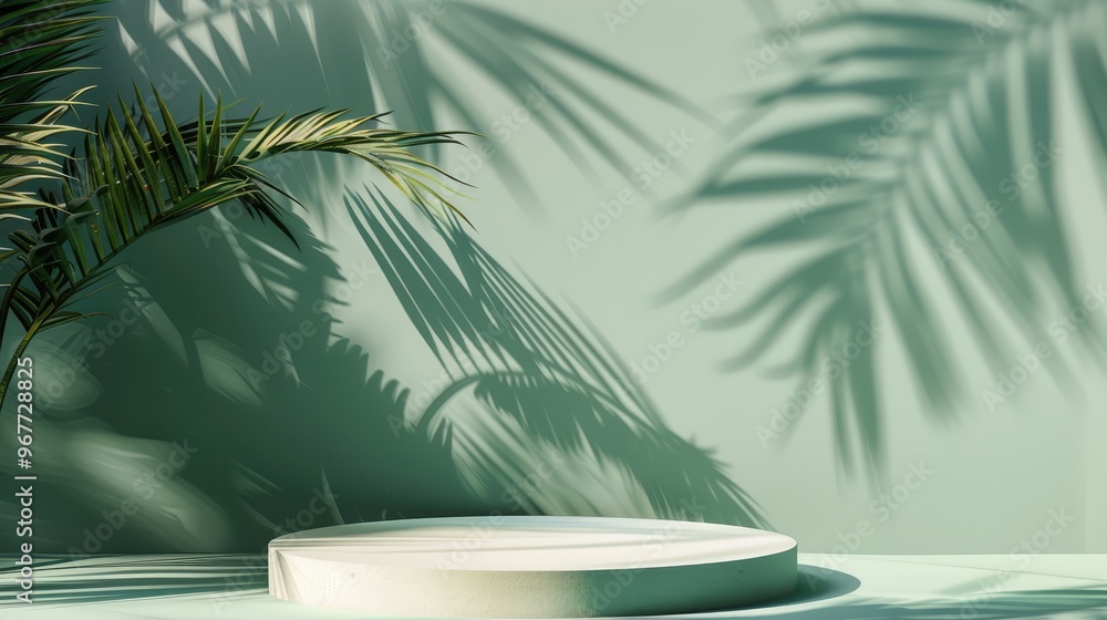 Wall mural Minimal abstract background for presenting a cosmetic product with premium podium and tropical palm leaves shadow on pastel green wall.