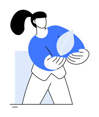 A figure holds a leaf, symbolizing nature conservation and sustainability. Ideal for eco-friendly themes, environmental awareness, sustainability efforts, green initiatives, and educational materials.