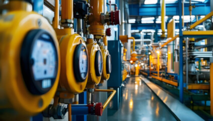 Naklejka premium Blurred factory floor with metal pipes, machinery, and equipment,technological unit with many sensors,indicators and valves.