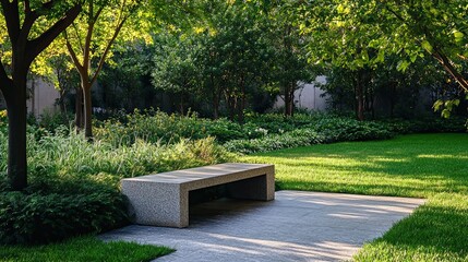 Fototapeta premium A Stone Bench in a Lush, Green Garden