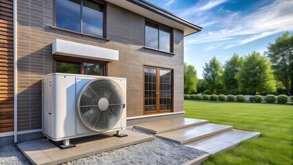 Air source heat pump installed in residential building. Sustainable and clean energy at home .generative AI