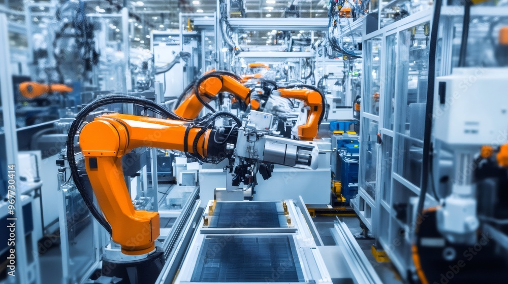 Poster close up of robotic arms on assembly line in a modern factory.