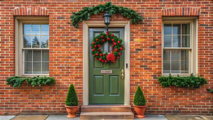 Classic red brick house with a festive wreath on the front door , red brick, facade, wreath, front door, classic