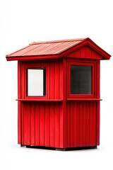 A vibrant red wooden cabin with a roof and windows, ideal for use in creative projects and design inspiration.